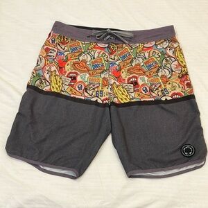 Matix waist 35” Velcro tie front Board Shorts with patch / logo print material